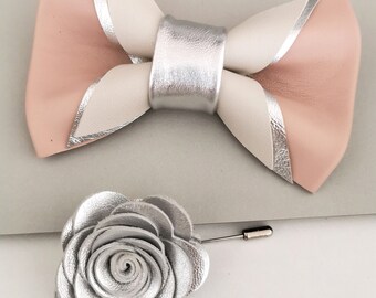 Dusty pink wedding bow tie silver set, blush pink groomsmen bow tie and boutonniere flower set, toddler bowtie, boys bow tie, pocket square