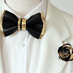 White tux Black Gold mens leather bow tie for men gold wedding groom bowtie, gold bow tie,metallic suspender set, toddler boys prom suit set