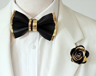 White tux Black Gold mens leather bow tie for men gold wedding groom bowtie, gold bow tie,metallic suspender set, toddler boys prom suit set