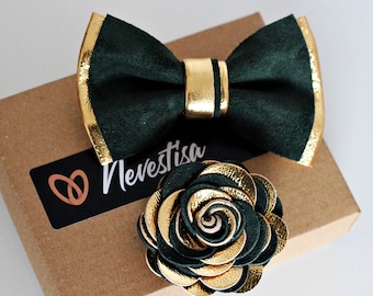 Dark Emerald Green Bottle Green leather Bow tie, Matched Elastic Suspenders Braces for Baby infant Toddler Kids Boy, Youth Teenage Men