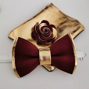 Gold and burgundy bow tie set for men, gold wedding bow tie wedding boutonniere, burgundy leather todler bow tie boys bow tie, pocket square