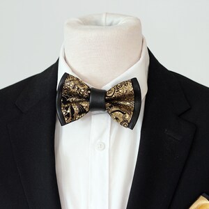 Black and Gold Mens Leather Bow Tie for Men Floral Paisley - Etsy