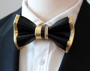 Black and Gold mens custom bow tie for men, wedding bow tie set genuine leather bowtie, gold bow tie, bowties, boutonniere, papillon