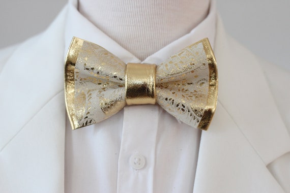 Ivory and Gold Mens Leather Bow Tie for Men,ivory Wedding