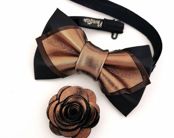 Mens copper bow tie tuxedo set, bronze bow tie for men, black bow tie wedding set, rust brown bowtie, copper gold copper wedding, prom boys