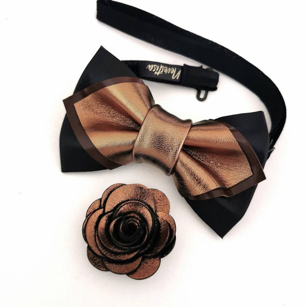 Mens copper bow tie tuxedo set, bronze bow tie for men, black bow tie wedding set, rust brown bowtie, copper gold copper wedding, prom boys