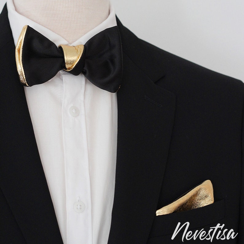 Black and Gold Mens Leather Bow Tie for Men Gold Wedding Bow - Etsy