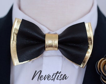 Black and Gold mens leather bow tie for men, gold wedding bow tie, genuine leather bowtie, gold bow tie, rustic bow tie, toddler, boys prom