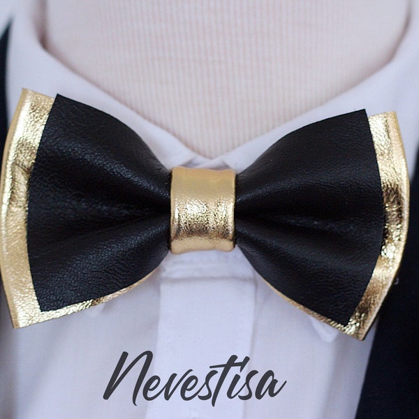 Black and Gold mens leather bow tie for men, gold wedding bow tie, genuine leather bowtie, gold bow tie, rustic bow tie, toddler, boys prom