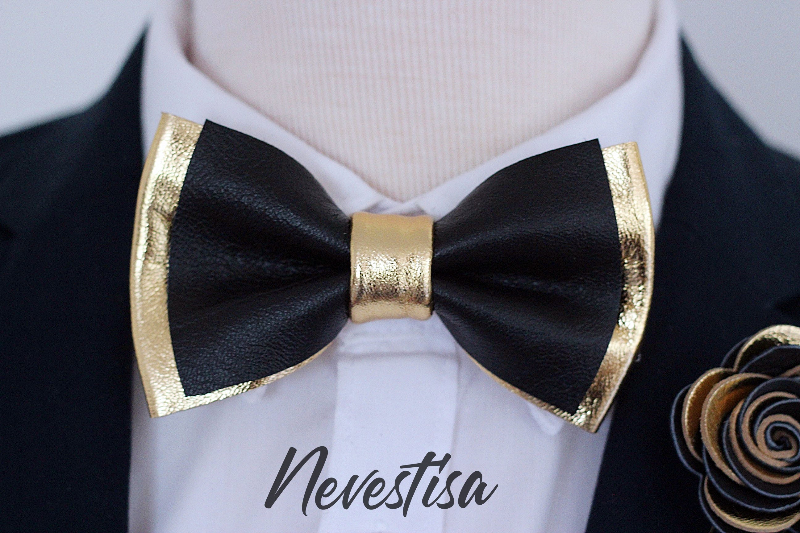 Black and Gold mens leather bow tie for men gold wedding bow Etsy