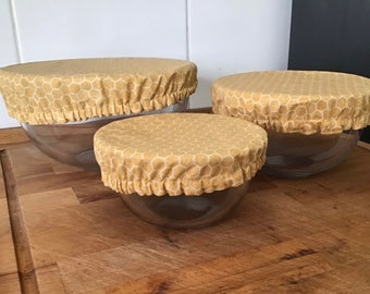 Reusable Fabric Bowl Covers - set of 3 covers in honeycomb yellow