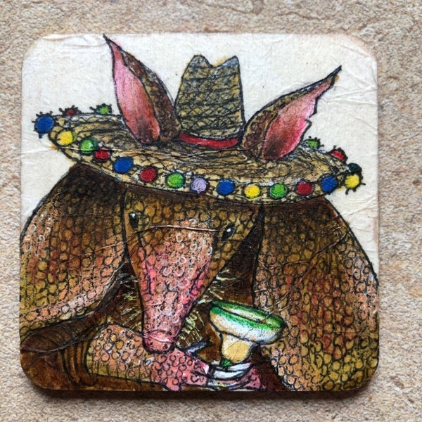 armadillo art, armadillo illustration, margarita art, mexican art, miniature art - "edna goes to el tiempo"