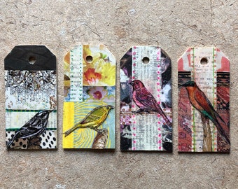 mixed media art, tag art, bird art- "flock"