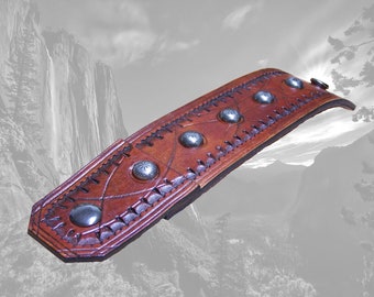 Western, Fantasy or CosPlay Cuff Bracelet, Brown Leather, Hand Tooled, Hand Crafted, Unique Gift, Custom Sized, Cowboy, Rock Star, Cowgirl