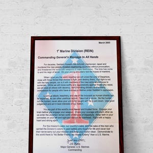 Affiche de lettre du général Mattis de l'USMC – Motivation pour la guerre d'Irak de 2003 de la 1re division de marines | Art mural historique du Corps des Marines des États-Unis pour vétérans