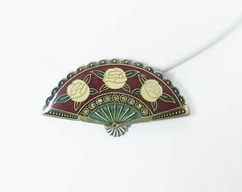 Vintage Fan Pin/Brooch, Enamel and Rhinestones Under Acrylic Dome