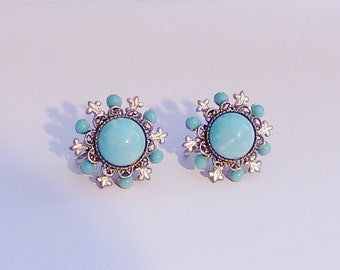Turquoise Screw Back Silver Earrings, Filigree and Fleur de Lis