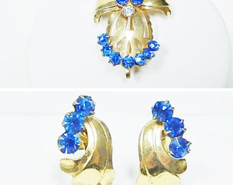 Vintage Rhinestone Jewelry Set: Gold Tone Brooch Pendant Earrings