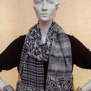 One of a Kind Silk Scarf – Long Chiffon Wrap 17x73 – Black Ivory Neutral Patchwork – Atelier Maison de Soie No 2