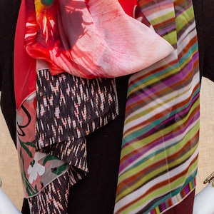 One of a Kind Silk Scarf – Long Chiffon Wrap 19x78 – Red Multitone Patchwork – Atelier Maison de Soie No 4