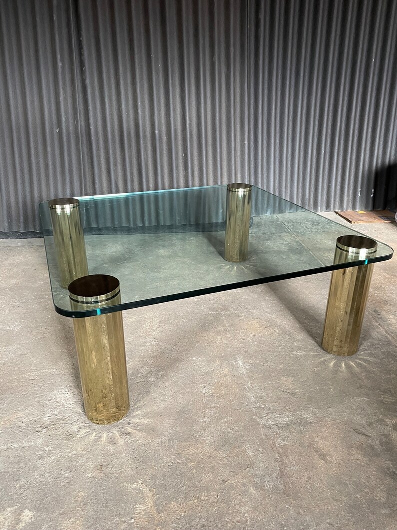 Leon Rosen for Pace style glass and brass plate cocktail table image 1