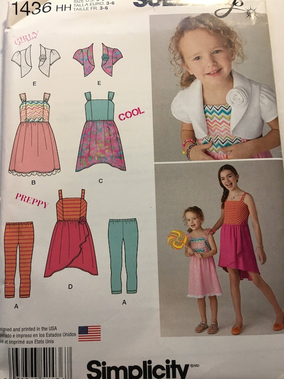 Girl Summer Dress Pattern, Sun Dress, Simplicity 1436, Size 3 4 5 6, Girls  Dress Pattern, Bolero Pattern, Knit Capri Leggings, Waterfall Hem 