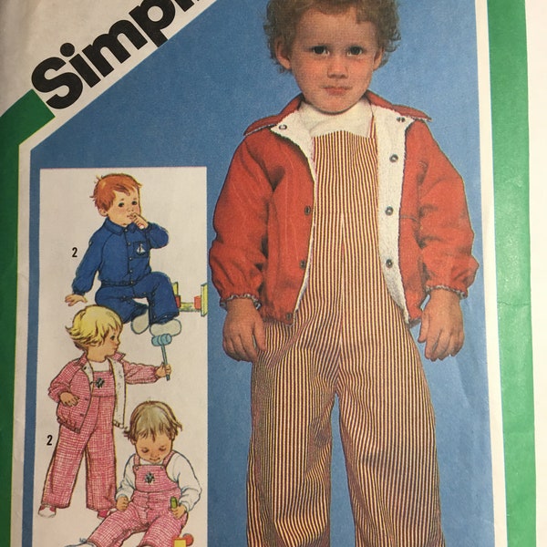 Child Overalls Sewing Pattern, Simplicity 9820, Child Size 2, Toddler Romper, Playsuit, Jumpsuit Pattern, Lined Jacket, Snap Closure, 1980s