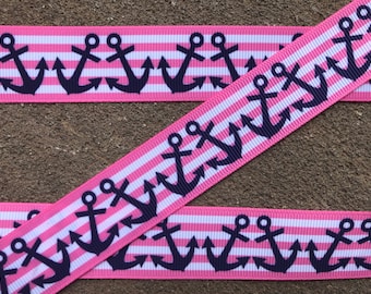 3 yards 1 Anchor ribbon Navy anchor grosgrain ribbon pink ribbon with navy anchor Sea ribbon Cruise Ribbon Navy and pink ribbon for hairbow