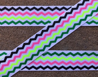 3 yards 7/8" Hot Pink and Green Black and Green Chevron Ribbon Zigzag Ribbon grosgrain ribbon printed ribbon for hair bows