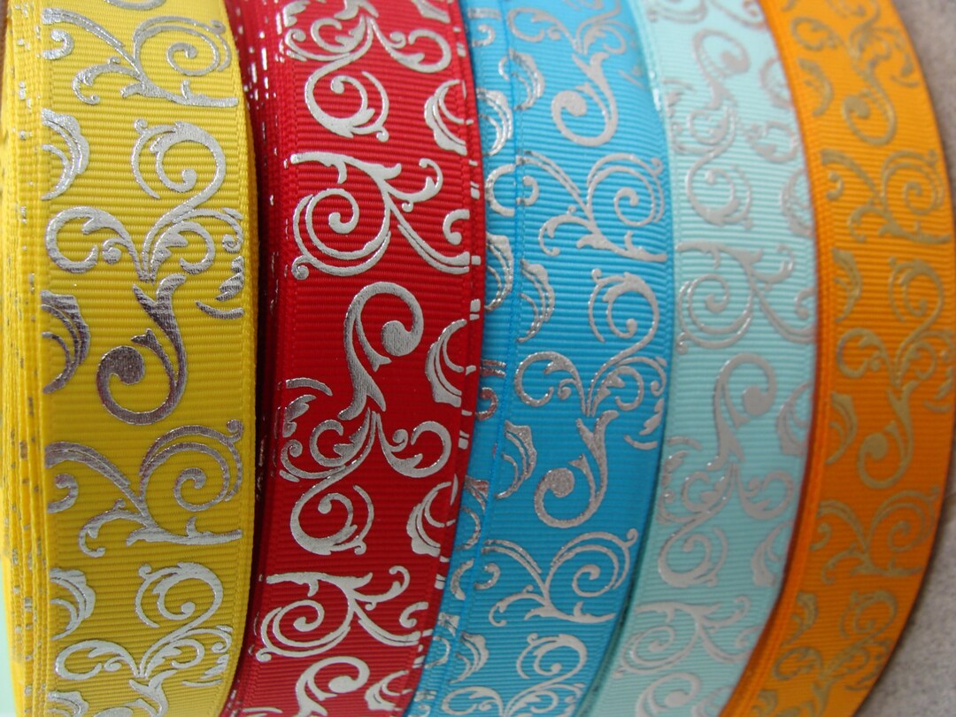 3 Yards Damask Print Silver Ribbon Swirl Ribbon Foil Swirl Ribbon 7/8 ...