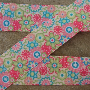 3 yards Colors Summer Spring Pink and Green Flowers 1 1/2 Grosgrain Ribbon by the Yard for Hairbows, Scrapbooking, and More