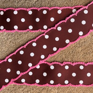3 yards Crochet Edge Ribbon 7/8&quot; Grosgrain Ribbon Brown with pink polka dots Printed Ribbon hair bow ribbon DIY supplies