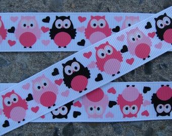 3y owl ribbon printed ribbon Pink and Black Owl Ribbon Printed Grossgrain Ribbon 7/8" 3 yards