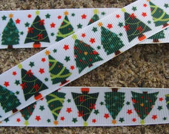3 yards 7/8" Christmas Tree ribbon Stars Ribbon Grosgrain Ribbon Hair Bow Ribbon Christmas Winter ribbon Holiday Ribbon Green Christmas tree