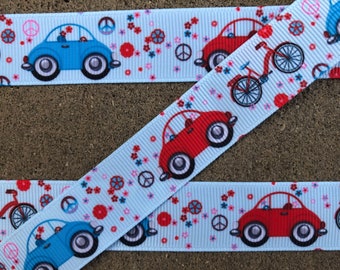 3 yards 7/8" Car ribbon Bicycle ribbon peace sign ribbon Blue grosgrain ribbon with red cars printed ribbon with blue cars hair bow ribbon