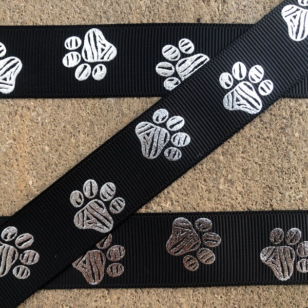 3 yards 7/8" Black ribbon with Silver paws ribbon for dog's collar crafts supplies pet ribbon silver paws ribbon for bows free shipping 35