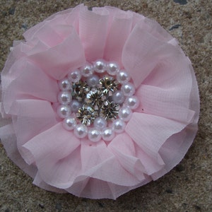 Beaded chiffon Flower 3&quot; Pink large fabric flower Pearl Rhinestone chiffon flower headband flower hair clip flower You choose color