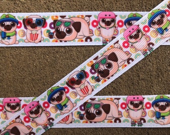 3 yards 7/8" Funny Pug ribbon Dog grosgrain ribbon Pets Vacation Grosgrain ribbon Dog Paws Printed Ribbon Puppy grosgrain hair bows ribbon