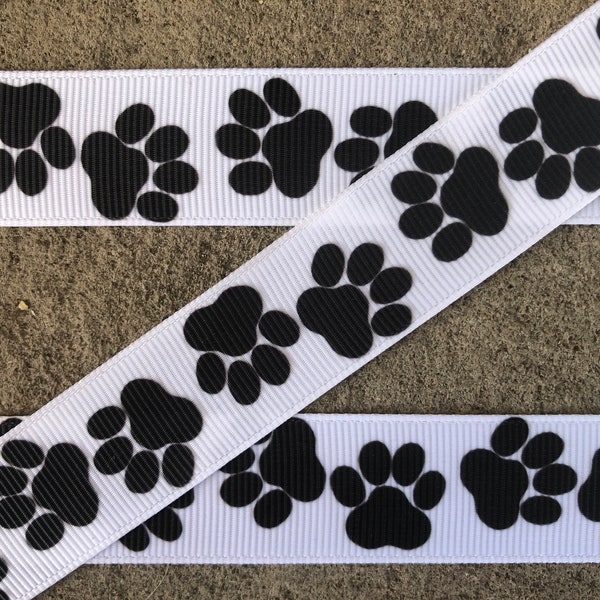 3 yards 7/8" White and Black Paws ribbon Grosgrain Ribbon with black paws free shipping ribbon dog collar ribbon hair bows supplies crafts