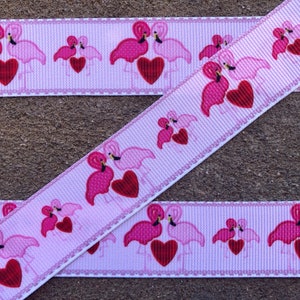 3 yards 7/8&quot; Pink Flamingo ribbon grosgrain ribbon Heart Printed Ribbon Birds print hair bow ribbon craft supplies love flamingo ribbon