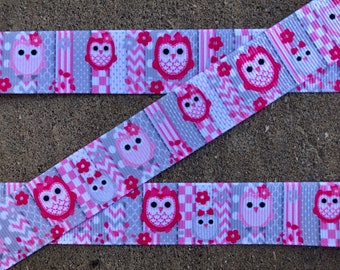 3 yards 7/8" Pink and Gray Owls printed ribbon Owl Ribbon Printed Grosgrain Ribbon with Pink Owls chevron ribbon with owls party decorstion