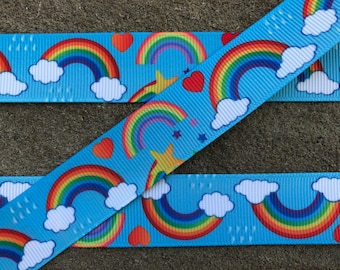 Cinta de arcoíris de 3 yardas, cinta de grogrén con nubes y sol, cinta con estampado de arco iris de Color, cinta de arcoíris con estampado azul de 7/8 ", suministros para lazos para el cabello