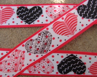 3 yards Valentine Hearts Grosgrain Ribbon 7/8" Valentines Grosgrain Ribbon - White Ribbon with dots Hearts Grosgrain Ribbon