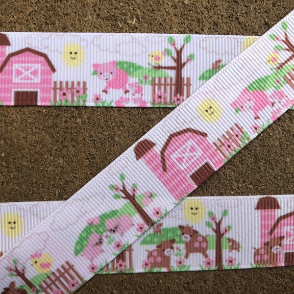 3 yards 7/8" Farm ribbon Grosgrain Ribbon with Cute Pink and a horse Farm Animal Printed ribbon hair bow printed ribbon diaper cake ribbon