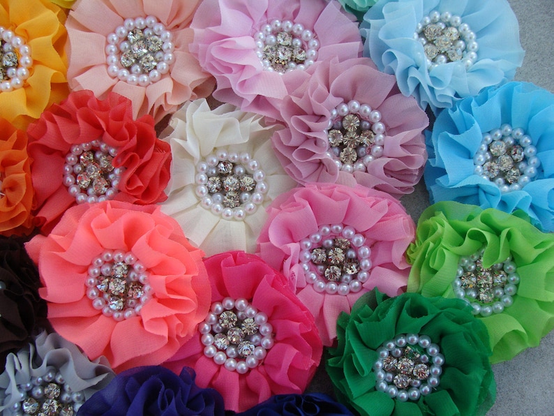 Beaded chiffon Flower 3 large fabric flower Pearl Rhinestone chiffon flower headband flower hair clip flower You choose color