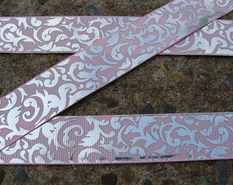 3y 7/8" Damask Glittery Ribbon in light pink and silver Free Shipping for all additional items