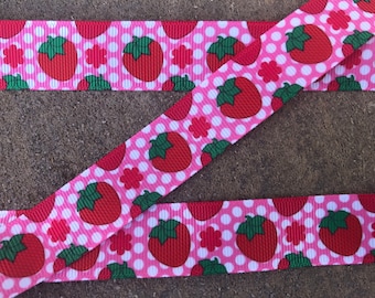 3 yards 7/8" Pink Strawberry ribbon pink and red berry ribbon Summer fruit grosgrain ribbon Hair Bow Ribbon Hair Bow Supply Printed Ribbon