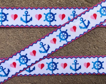 3 yards 7/8" Anchor ribbon grosgrain ribbon with anchors printed ribbon Ocean ribbon Sea Ribbon Cruise Ribbon Heart Ribbon for hair bows