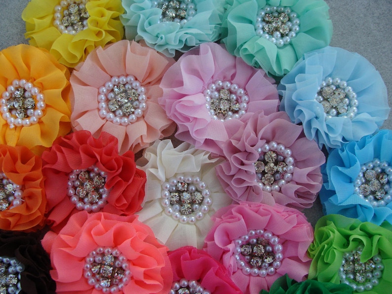 Beaded chiffon Flower 3 large fabric flower Pearl Rhinestone chiffon flower headband flower hair clip flower You choose color