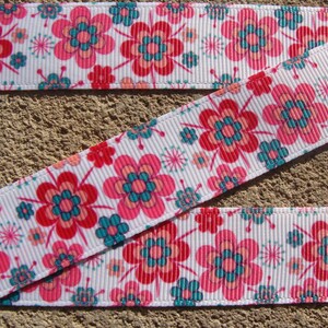 3 yards 7/8&quot; Summer Flowers Ribbon pink red and green garden flowers Grosgrain Printed Ribbon Hair Bow Ribbon with flowers for crafts
